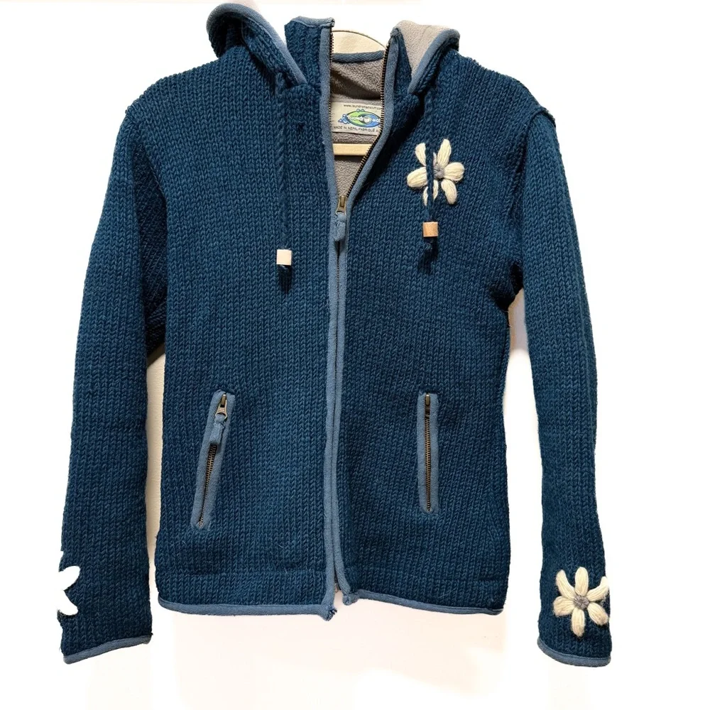 Vintage Laundromat Daisy Hand-Knit 100% Wool Fleece-Lined Hoodie - Women’s Small - Picture 2 of 15